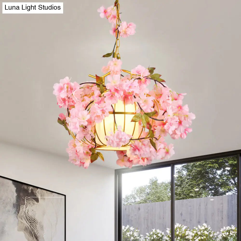 Metal Hanging Lantern Cage Light Fixture With Fabric Shade: Red/Pink/Green Pink