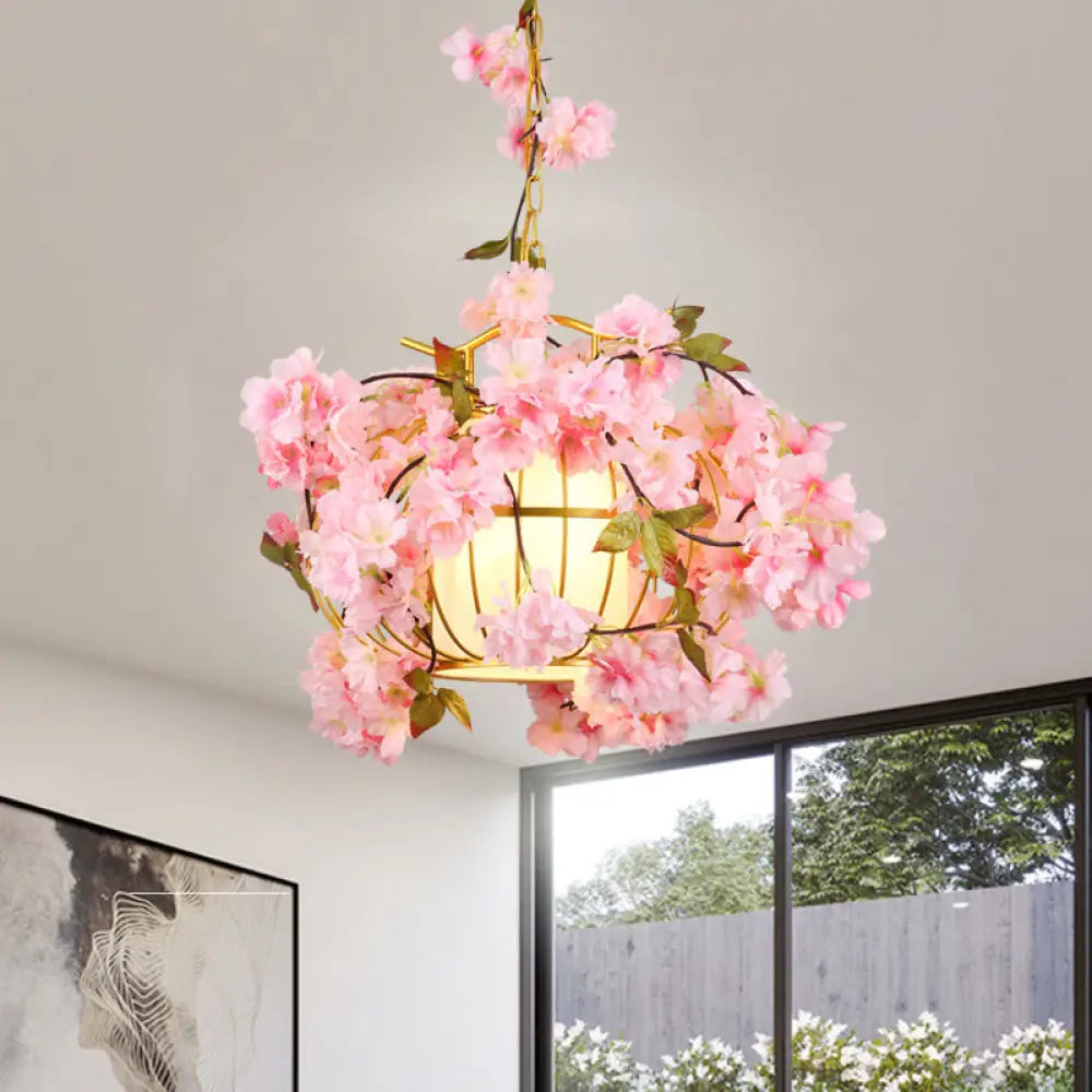Metal Hanging Lantern Cage Light Fixture - Factory Red/Pink/Green Down Lighting With Fabric Shade