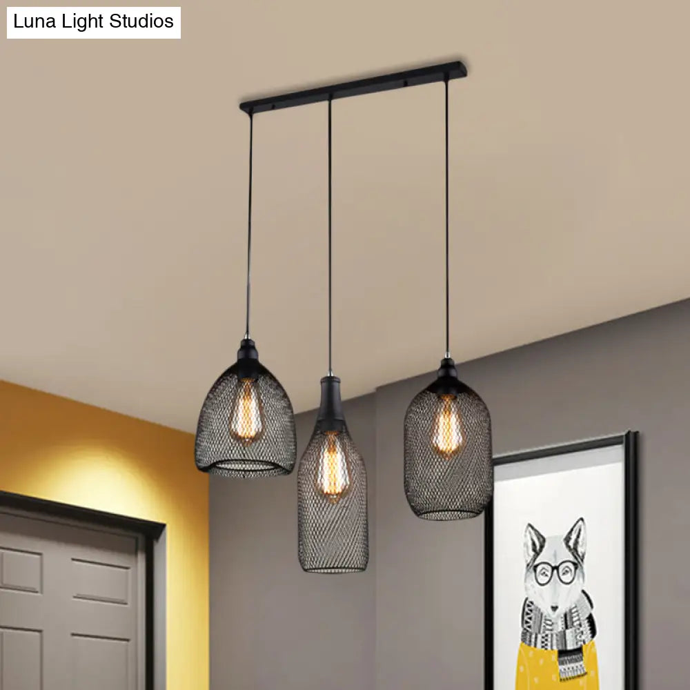 Metal Hanging Mesh Cage Light With Antique Design - 3 Heads Black Shade Ideal For Dining Room