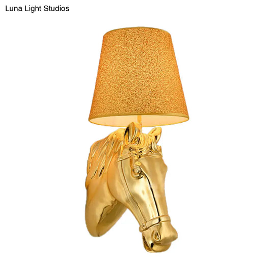 Metal Horse Head Sconce: Classical Indoor Wall Lamp In Gold - 1 Light 8.5/12 W