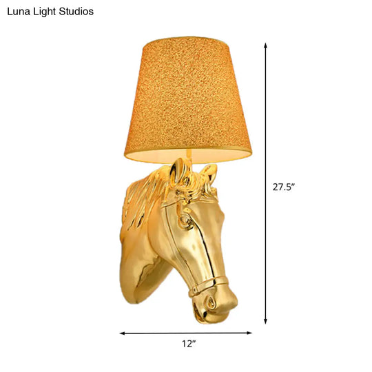 Metal Horse Head Sconce: Classical Indoor Wall Lamp In Gold - 1 Light 8.5/12 W