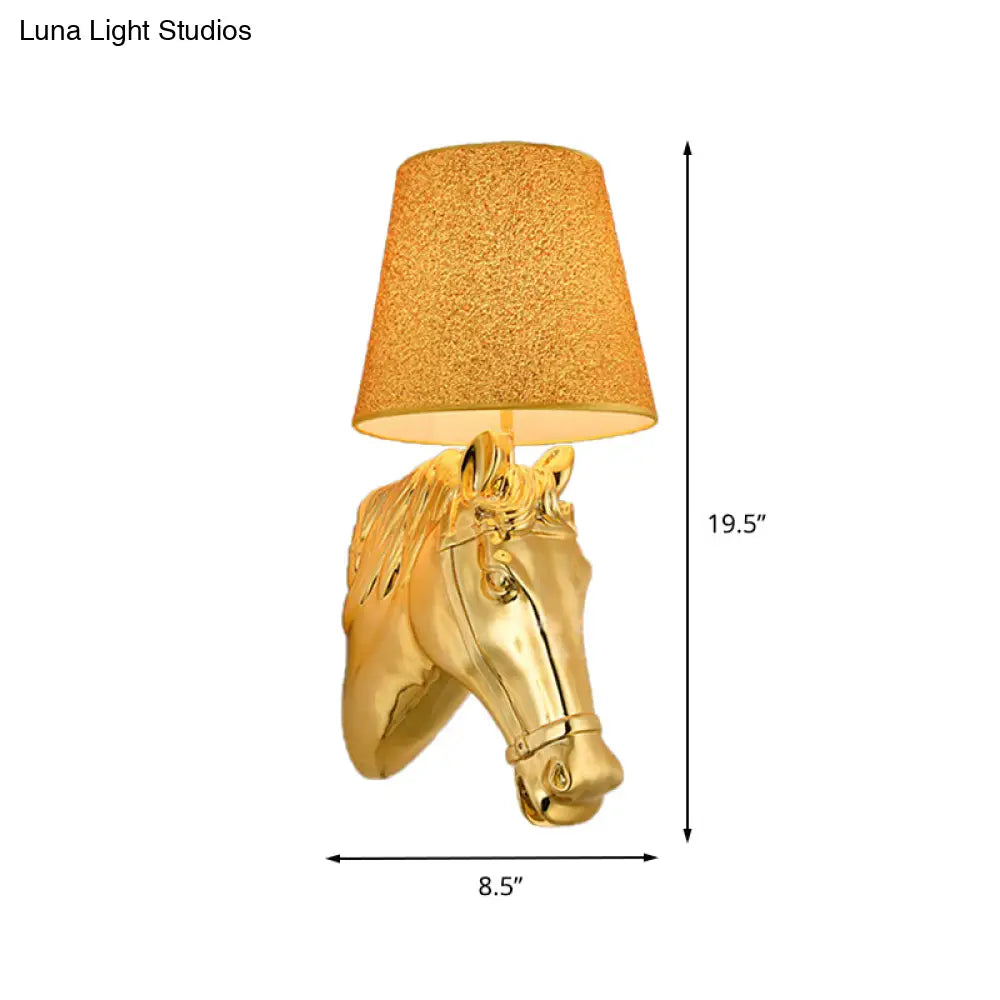 Metal Horse Head Sconce: Classical Indoor Wall Lamp In Gold - 1 Light 8.5/12 W