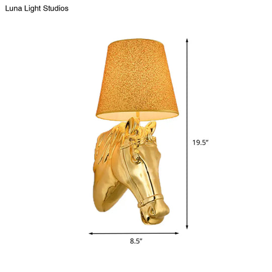 Metal Horse Head Sconce: Classical Indoor Wall Lamp In Gold - 1 Light 8.5/12 W