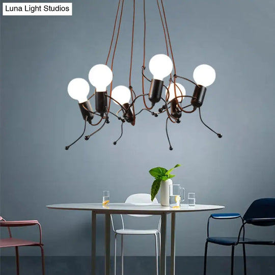 Human-Shaped Chandelier: Black Metal Hanging Light For Dining Room - 3/6 Bulbs 6 /