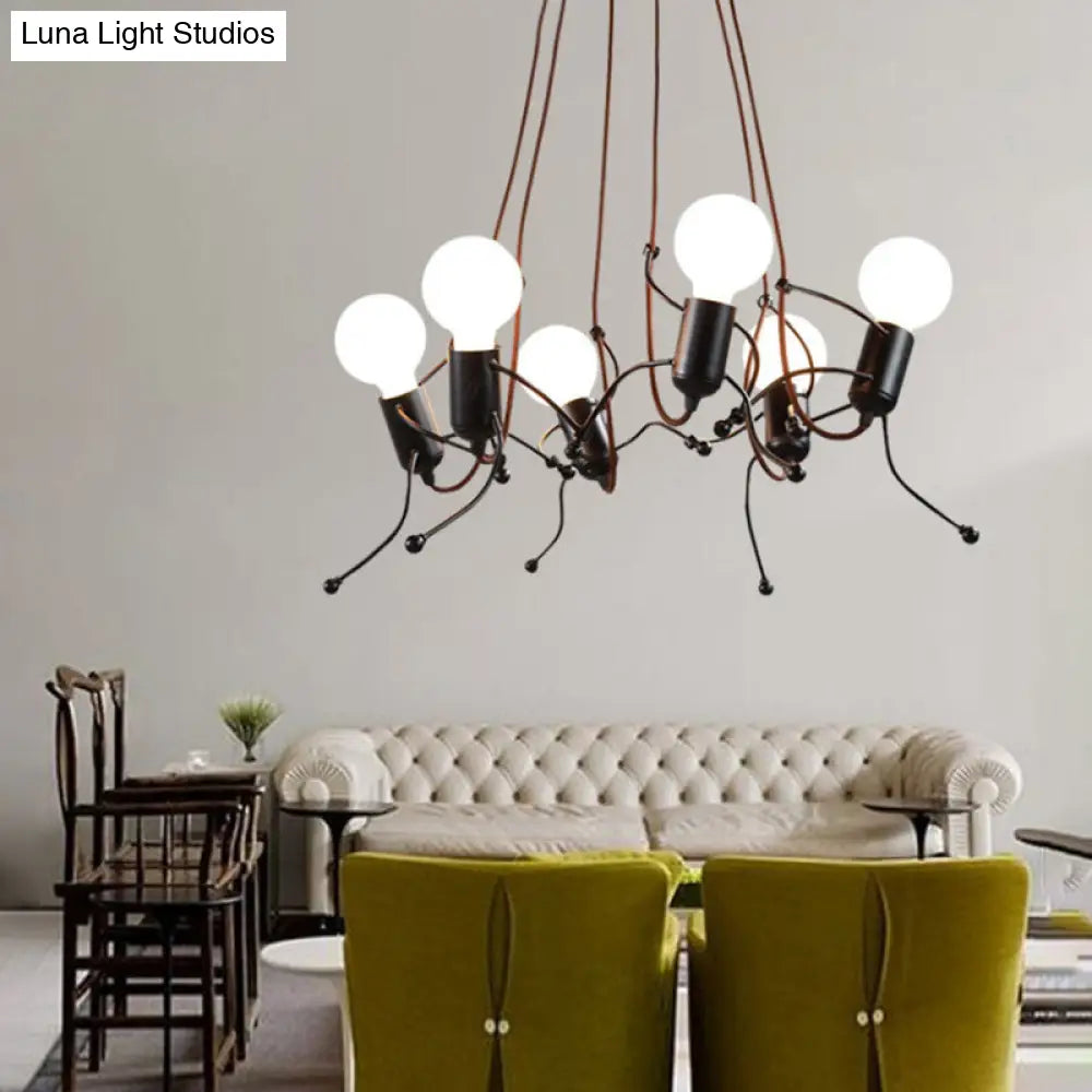 Human-Shaped Chandelier: Black Metal Hanging Light For Dining Room - 3/6 Bulbs