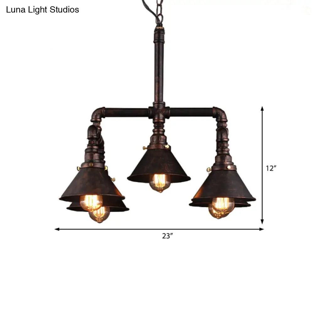 Metal Industrial 5-Bulb Ceiling Lamp With Cone Shade - Rust Chandelier Pendant Light For Dining Room