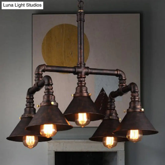 Metal Industrial 5-Bulb Ceiling Pendant Light With Cone Shade - Rust Finish For Dining Room