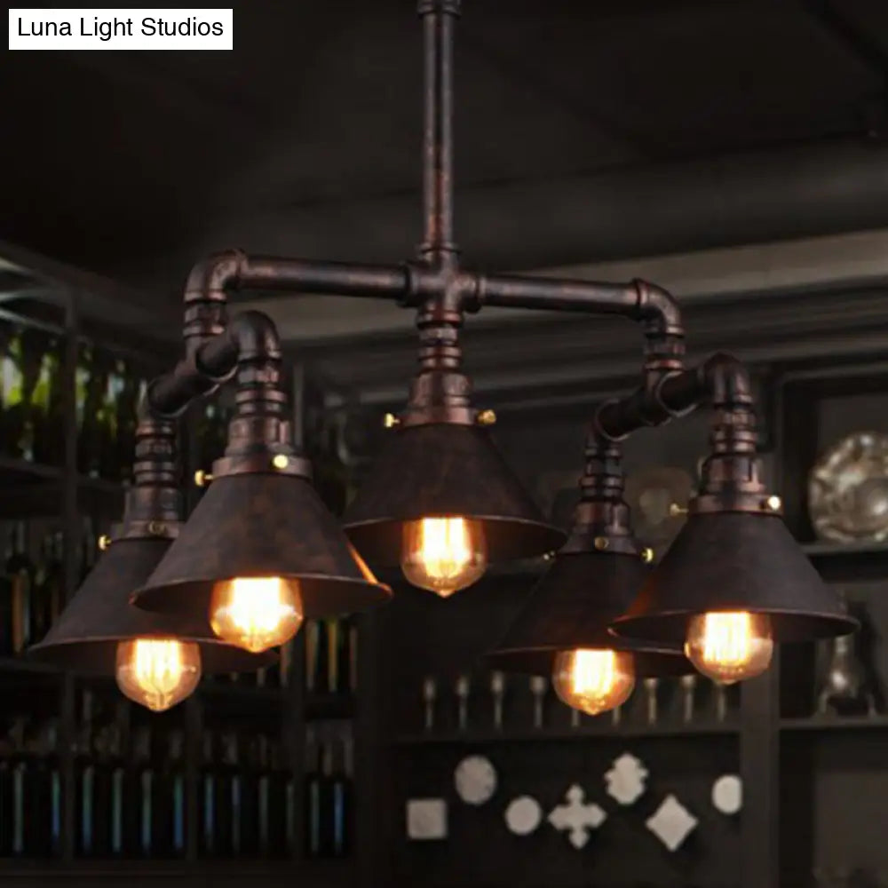 Metal Industrial 5-Bulb Ceiling Lamp With Cone Shade - Rust Chandelier Pendant Light For Dining Room