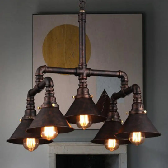 Metal Industrial 5-Bulb Ceiling Lamp With Cone Shade - Rust Chandelier Pendant Light For Dining Room