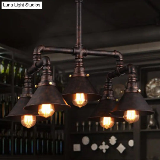 Metal Industrial 5-Bulb Ceiling Pendant Light With Cone Shade - Rust Finish For Dining Room