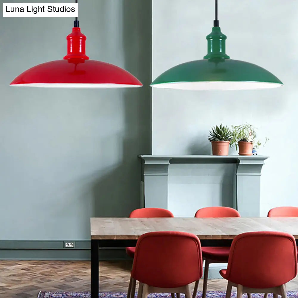 Metal Industrial Hanging Pendant Light - Green/Red Bowl Design 1 12.5’/16’ Width Ideal For