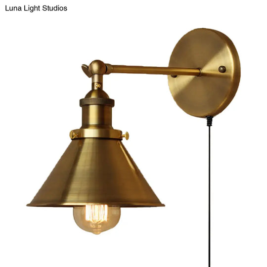 Metal Industrial Indoor Wall Sconce With Conic Shade - Brass Finish