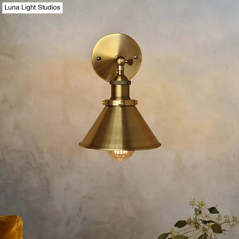 Metal Industrial Indoor Wall Sconce With Conic Shade - Brass Finish