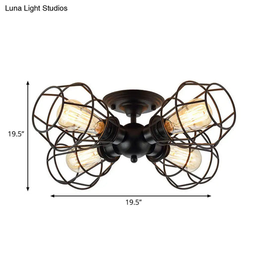 Metal Industrial Pendant Light With Cage Shade - Semi Flush Mount For Living Room (4 Heads Black)