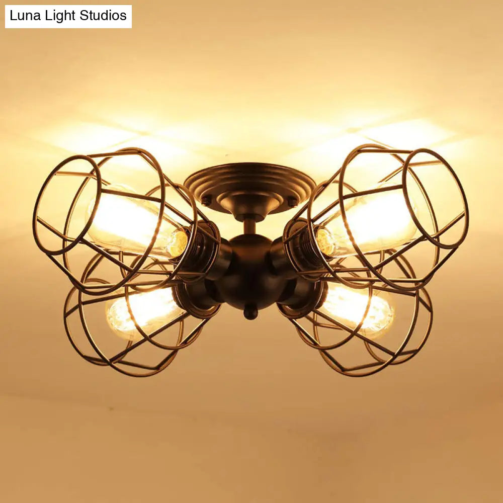 Metal Industrial Pendant Light With Cage Shade - Semi Flush Mount For Living Room (4 Heads Black)