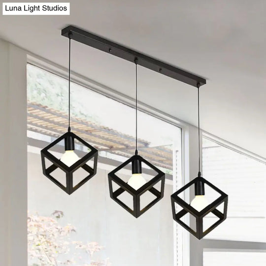 Industrial Metal Pendant Light With Wire Cage Shade - 3 Bulbs Black/White For Living Room Ceiling