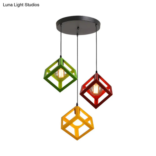 Metal Industrial Pendant Light With Wire Cage Shade - 3 Bulbs Black/White Living Room Ceiling Lamp