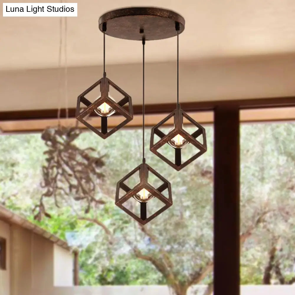 Metal Industrial Pendant Light With Wire Cage Shade - 3 Bulbs Black/White Living Room Ceiling Lamp