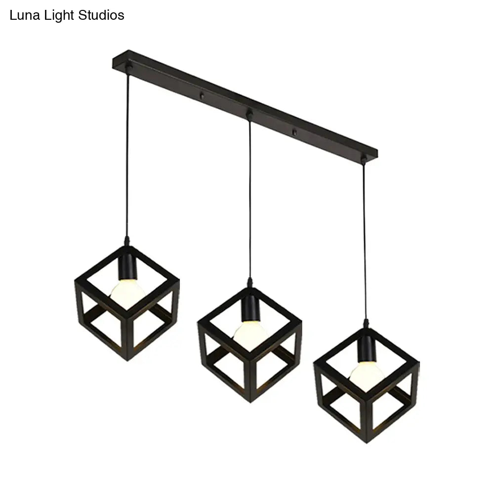 Metal Industrial Pendant Light With Wire Cage Shade - 3 Bulbs Black/White Living Room Ceiling Lamp