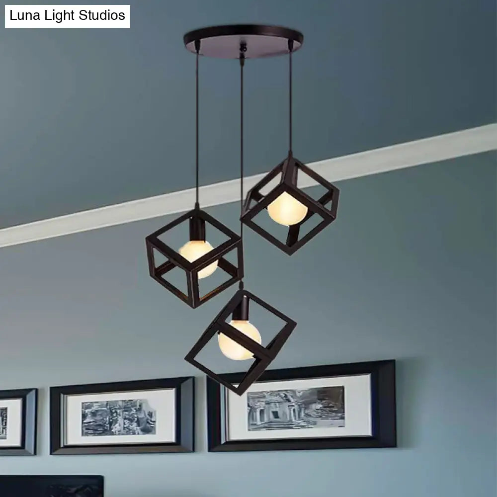 Metal Industrial Pendant Light With Wire Cage Shade - 3 Bulbs Black/White Living Room Ceiling Lamp