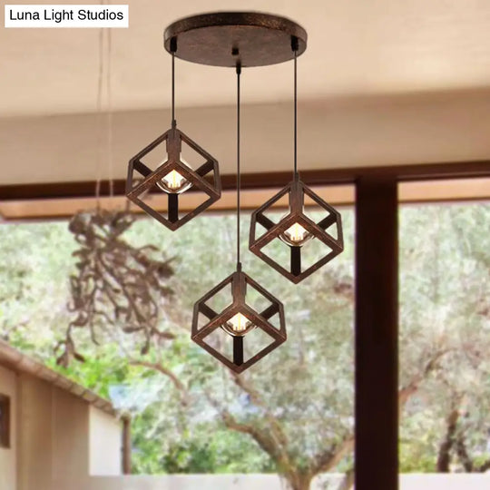 Industrial Metal Pendant Light With Wire Cage Shade - 3 Bulbs Black/White For Living Room Ceiling