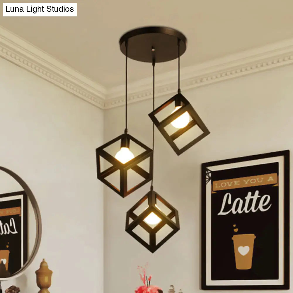 Metal Industrial Pendant Light With Wire Cage Shade - 3 Bulbs Black/White Living Room Ceiling Lamp