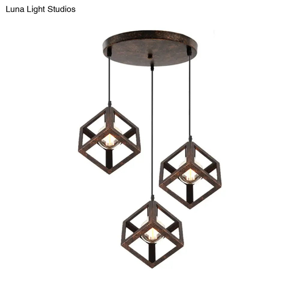 Industrial Metal Pendant Light With Wire Cage Shade - 3 Bulbs Black/White For Living Room Ceiling