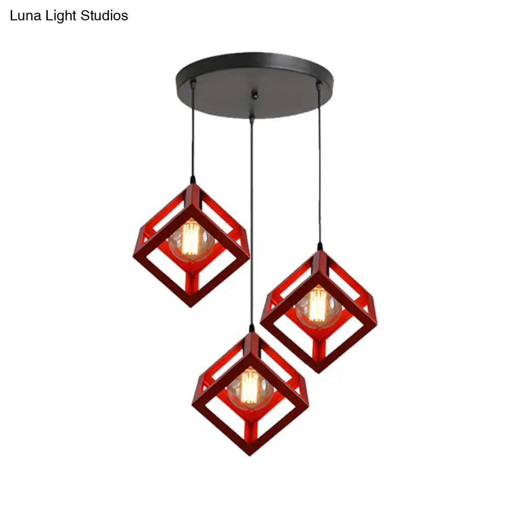 Metal Industrial Pendant Light With Wire Cage Shade - 3 Bulbs Black/White Living Room Ceiling Lamp