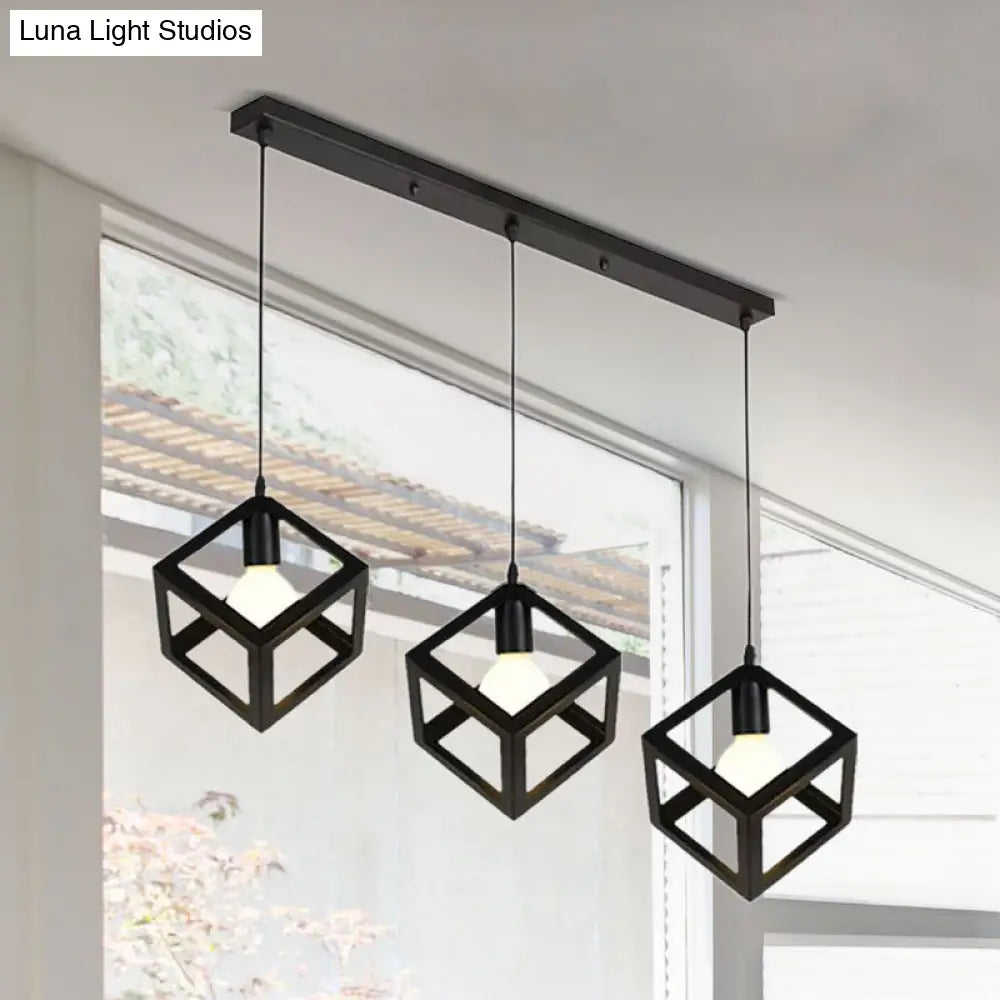 Metal Industrial Pendant Light With Wire Cage Shade - 3 Bulbs Black/White Living Room Ceiling Lamp