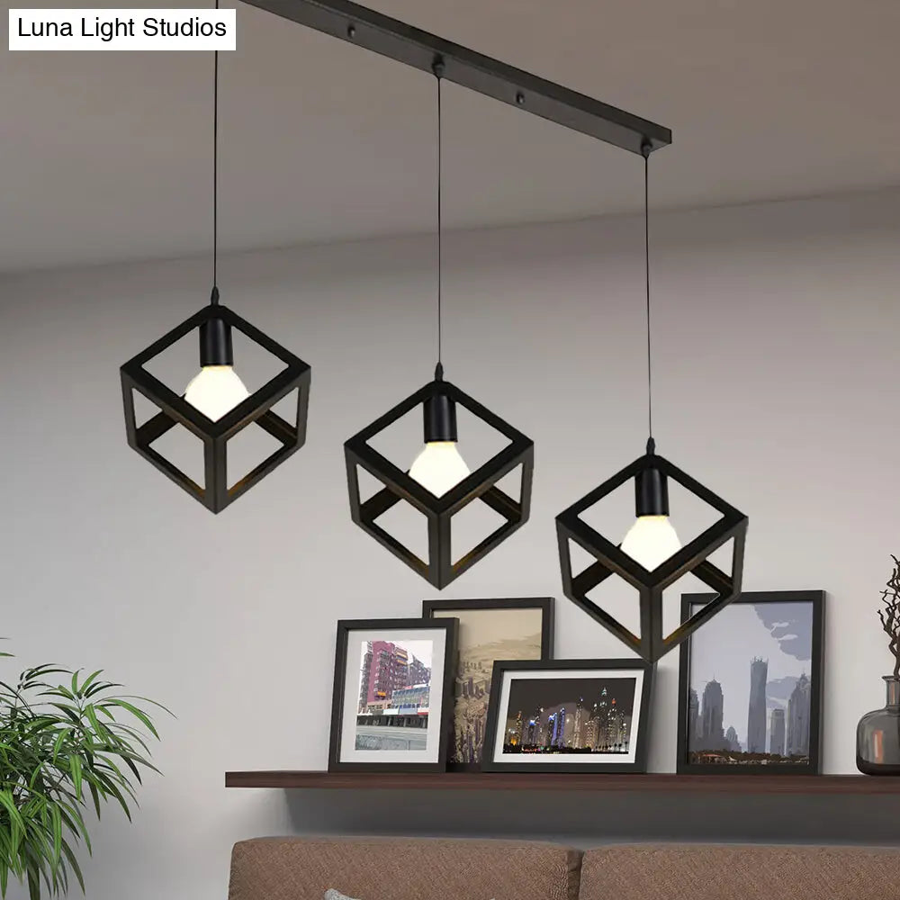 Industrial Metal Pendant Light With Wire Cage Shade - 3 Bulbs Black/White For Living Room Ceiling