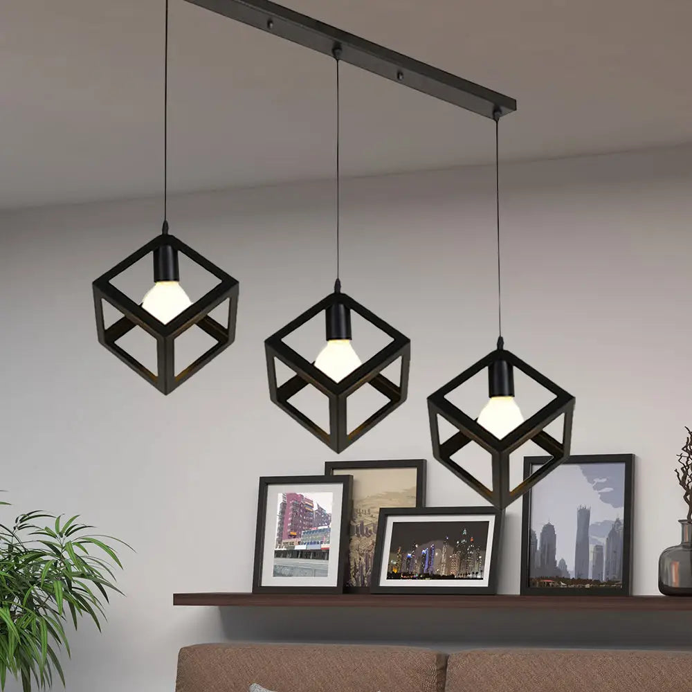 Metal Industrial Pendant Light With Wire Cage Shade - 3 Bulbs Black/White Living Room Ceiling Lamp