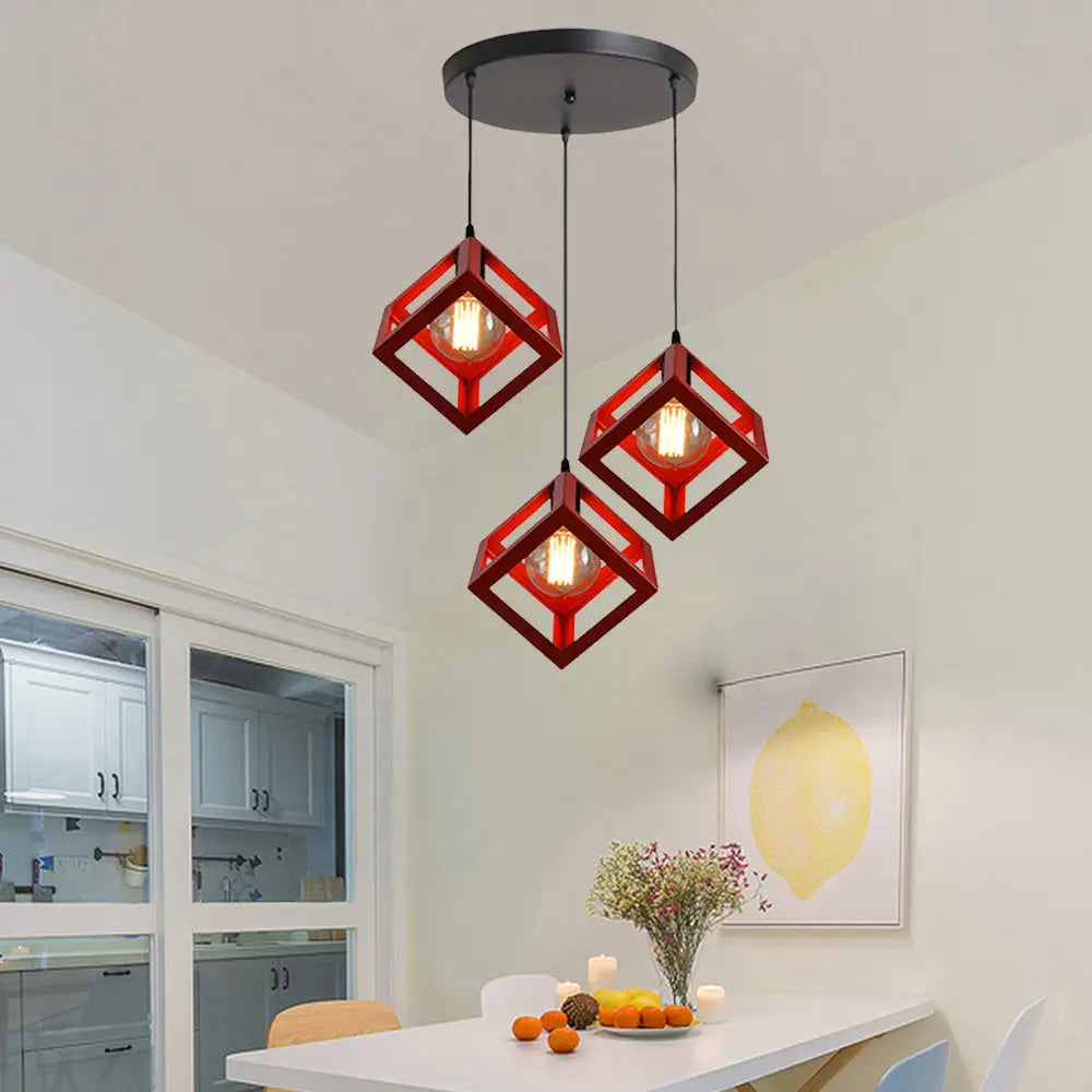 Metal Industrial Pendant Light With Wire Cage Shade - 3 Bulbs Black/White Living Room Ceiling Lamp