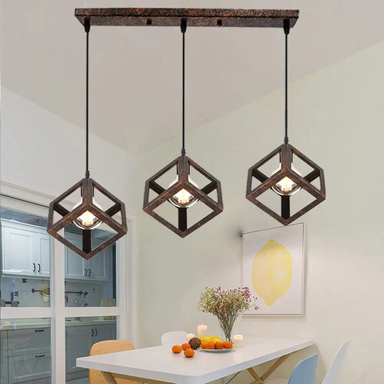 Metal Industrial Pendant Light With Wire Cage Shade - 3 Bulbs Black/White Living Room Ceiling Lamp