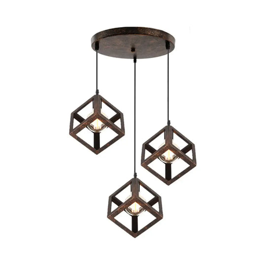 Metal Industrial Pendant Light With Wire Cage Shade - 3 Bulbs Black/White Living Room Ceiling Lamp