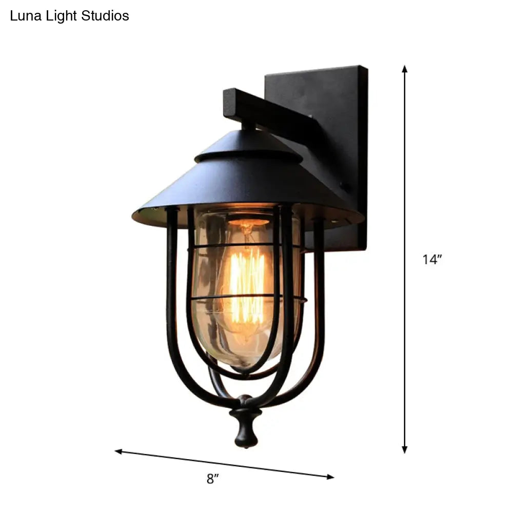 Metal Lantern Balcony Wall Sconce With Oval Clear Glass Shade - Weathered Copper/Black Finish