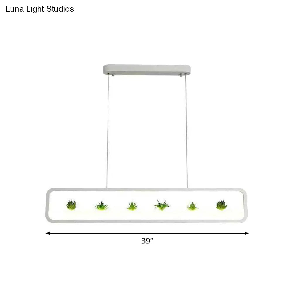 Metal Led Hanging Light For Restaurants: Artistic Rectangle Island Lamp With Imitation Succulents