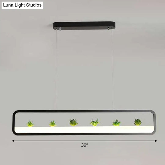 Metal Led Hanging Light For Restaurants: Artistic Rectangle Island Lamp With Imitation Succulents