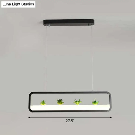 Metal Led Hanging Light For Restaurants: Artistic Rectangle Island Lamp With Imitation Succulents