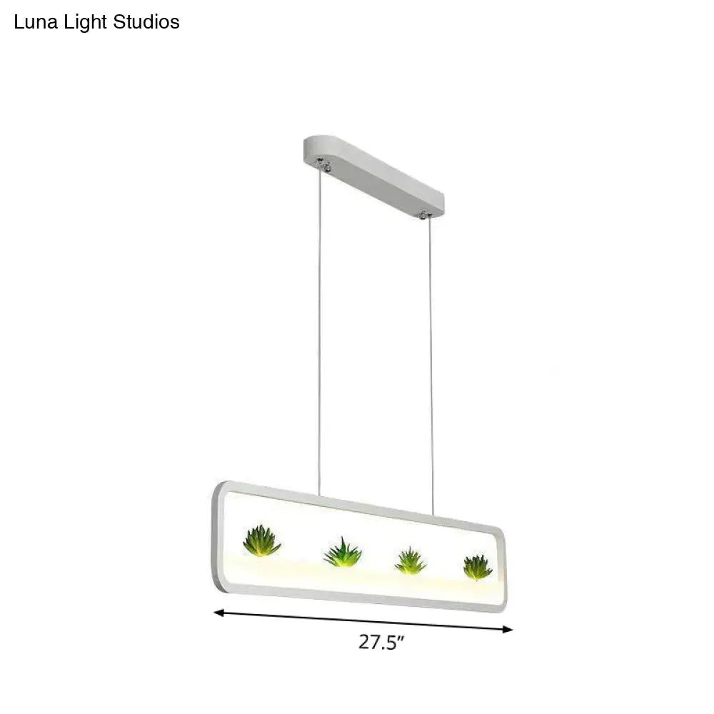 Metal Led Hanging Light For Restaurants: Artistic Rectangle Island Lamp With Imitation Succulents