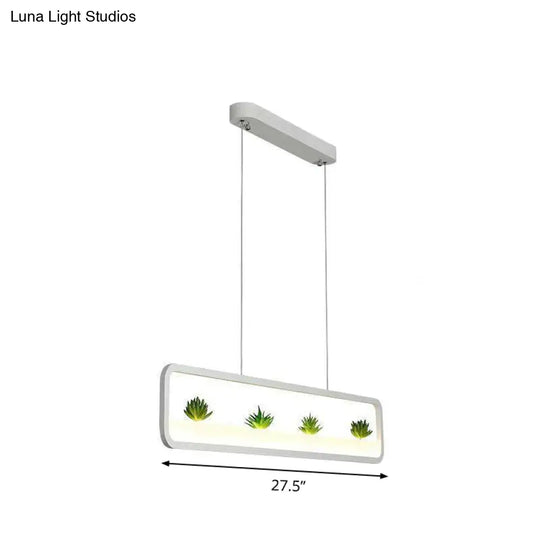 Metal Led Hanging Light For Restaurants: Artistic Rectangle Island Lamp With Imitation Succulents