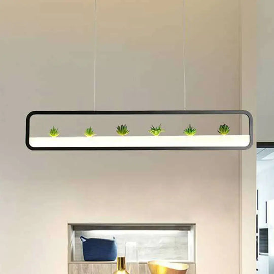 Metal Led Hanging Light For Restaurants: Artistic Rectangle Island Lamp With Imitation Succulents