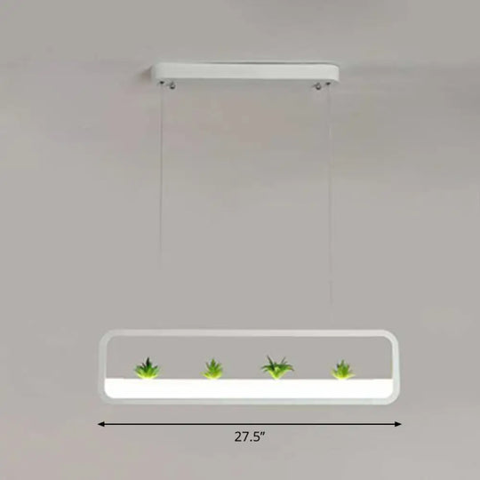 Metal Led Hanging Light For Restaurants: Artistic Rectangle Island Lamp With Imitation Succulents