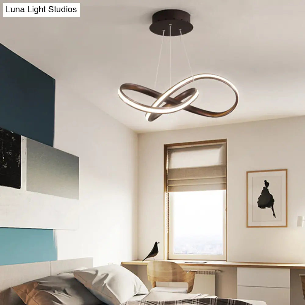 Metal Led Pendant Lamp - Twisted Strip Design For Bedroom Chandelier In Coffee Color