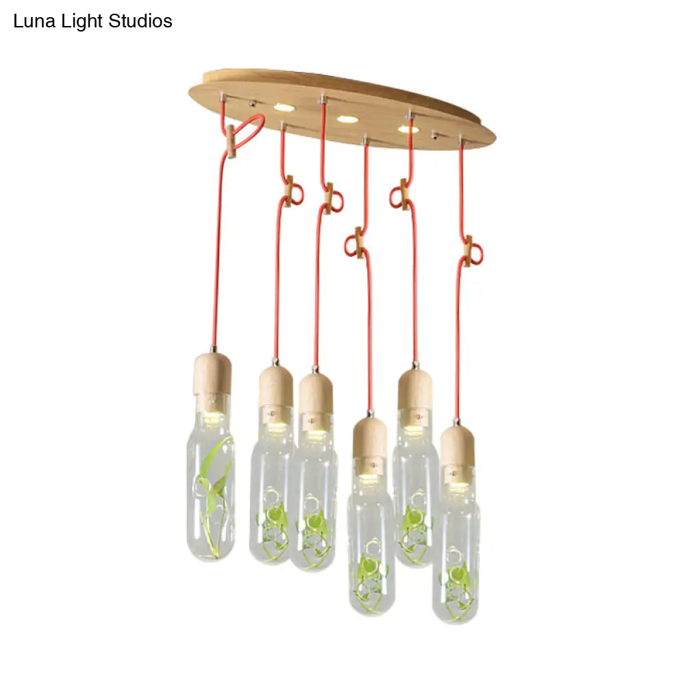 Metal Led Pendant Light With Bottle Cluster Design And Wood Accent For Living Room