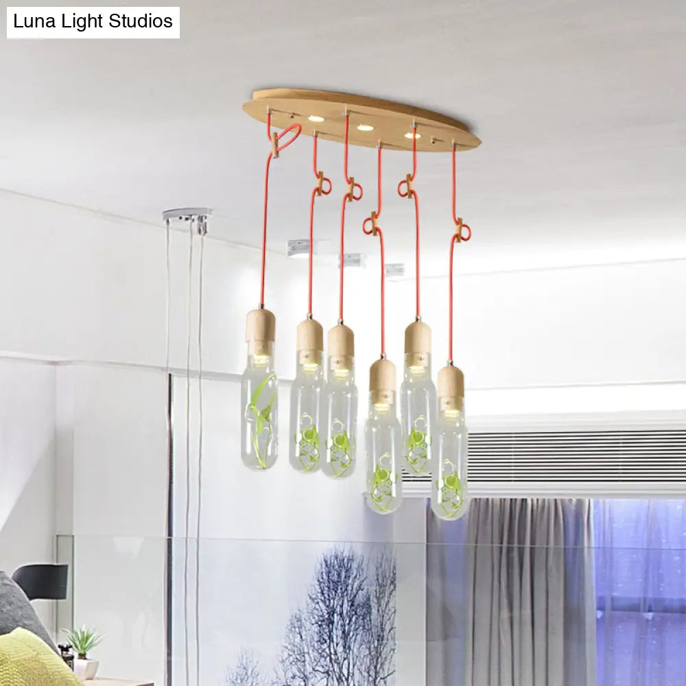 Metal Led Pendant Light With Bottle Cluster Design And Wood Accent For Living Room