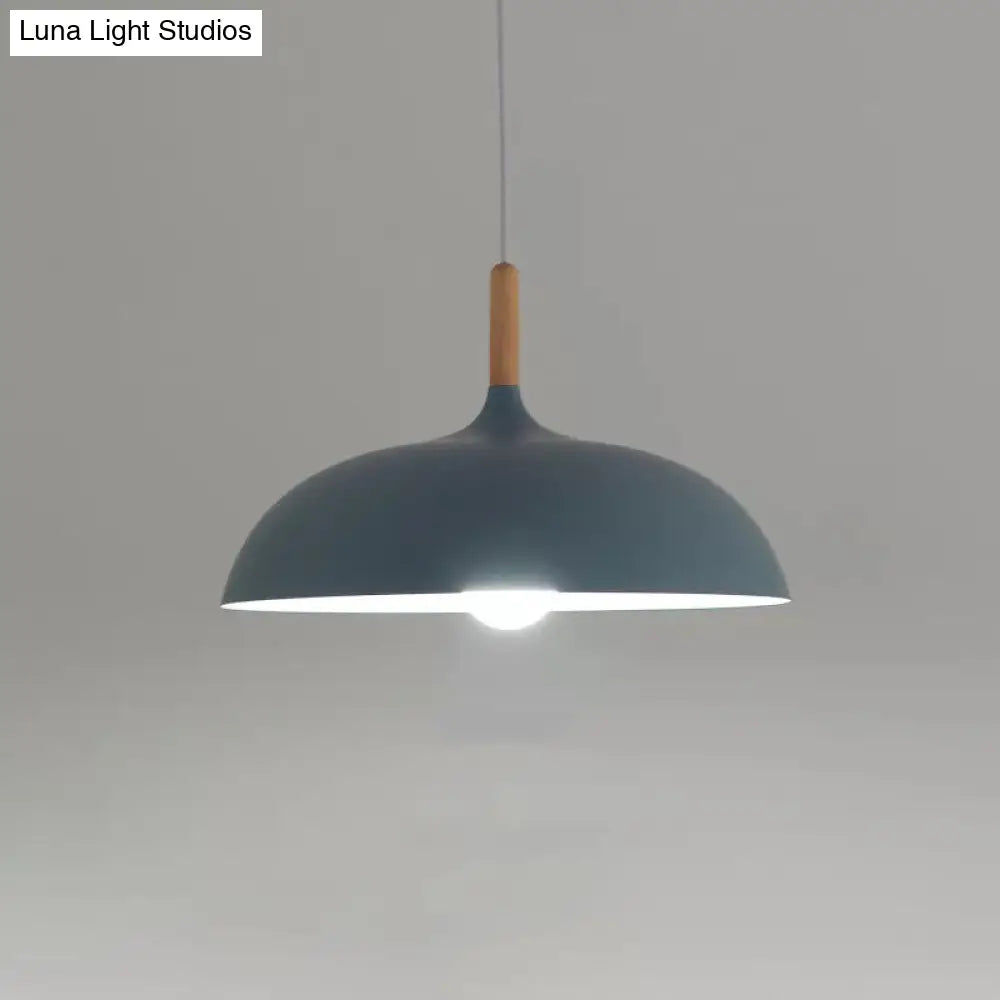 Modern Metal Macaron Dome Hanging Lamp - Dining Room Pendant Light With Wood Accent Blue / Small