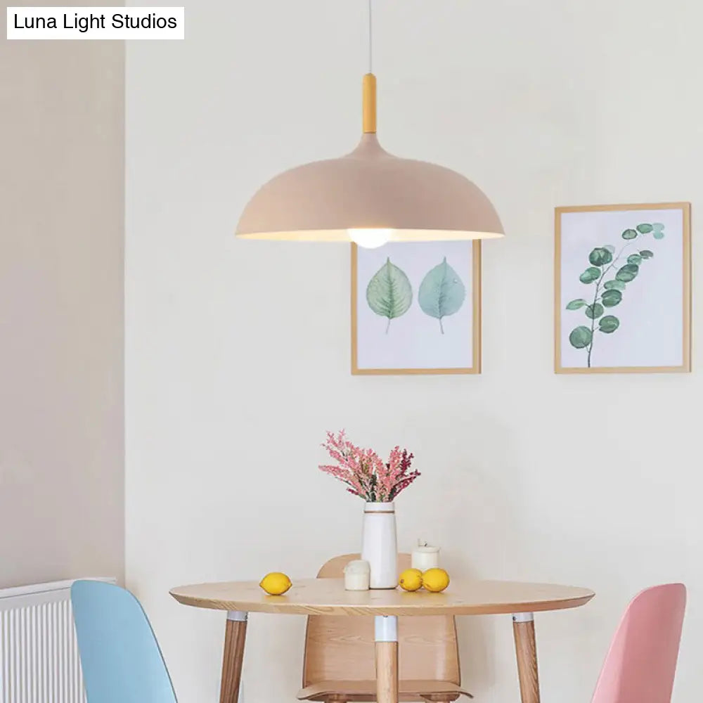 Modern Metal Macaron Dome Hanging Lamp - Dining Room Pendant Light With Wood Accent Pink / Small