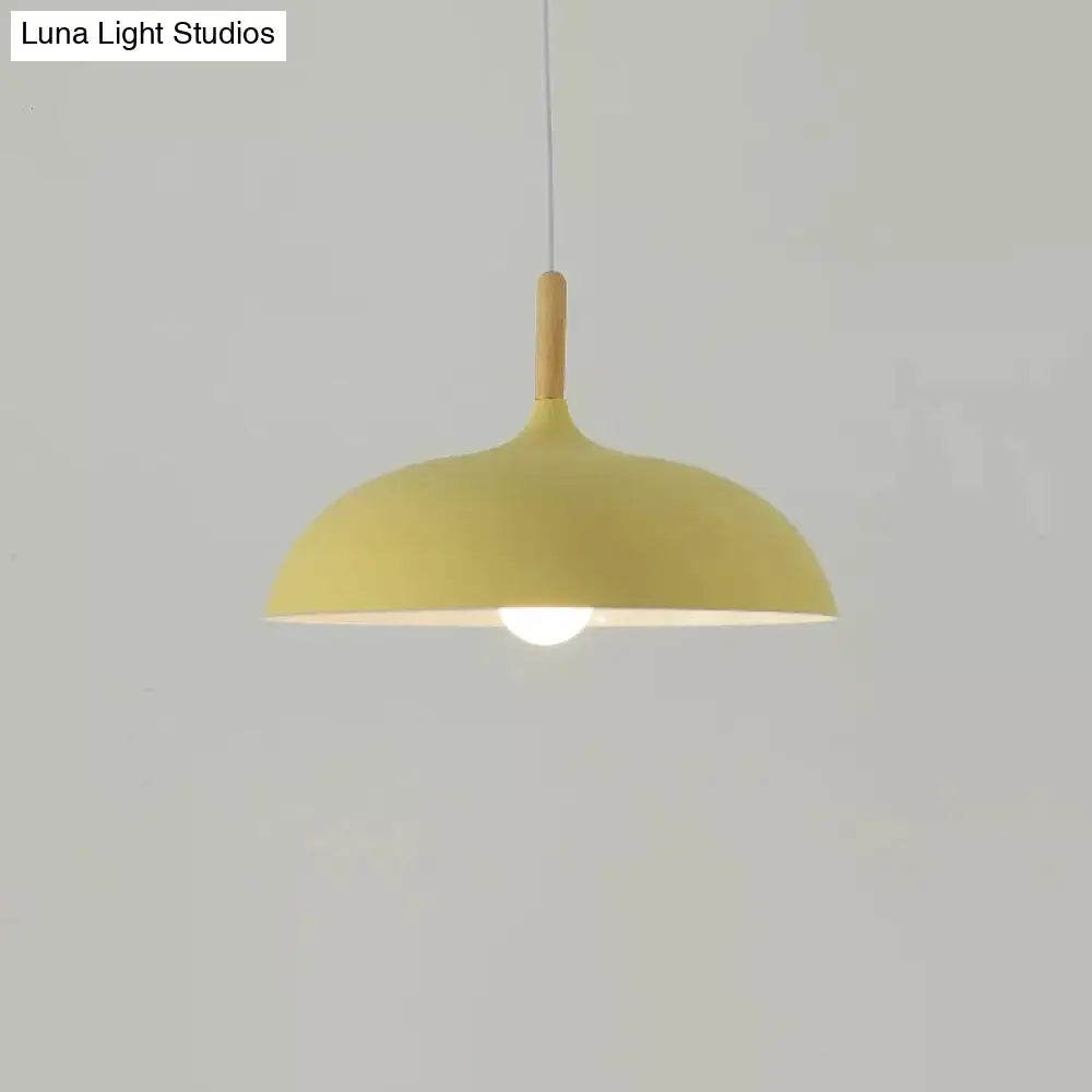 Modern Metal Macaron Dome Hanging Lamp - Dining Room Pendant Light With Wood Accent Yellow / Small