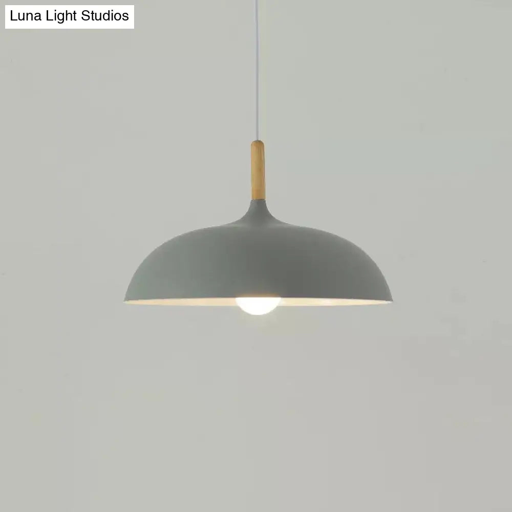 Modern Metal Macaron Dome Hanging Lamp - Dining Room Pendant Light With Wood Accent Grey / Small