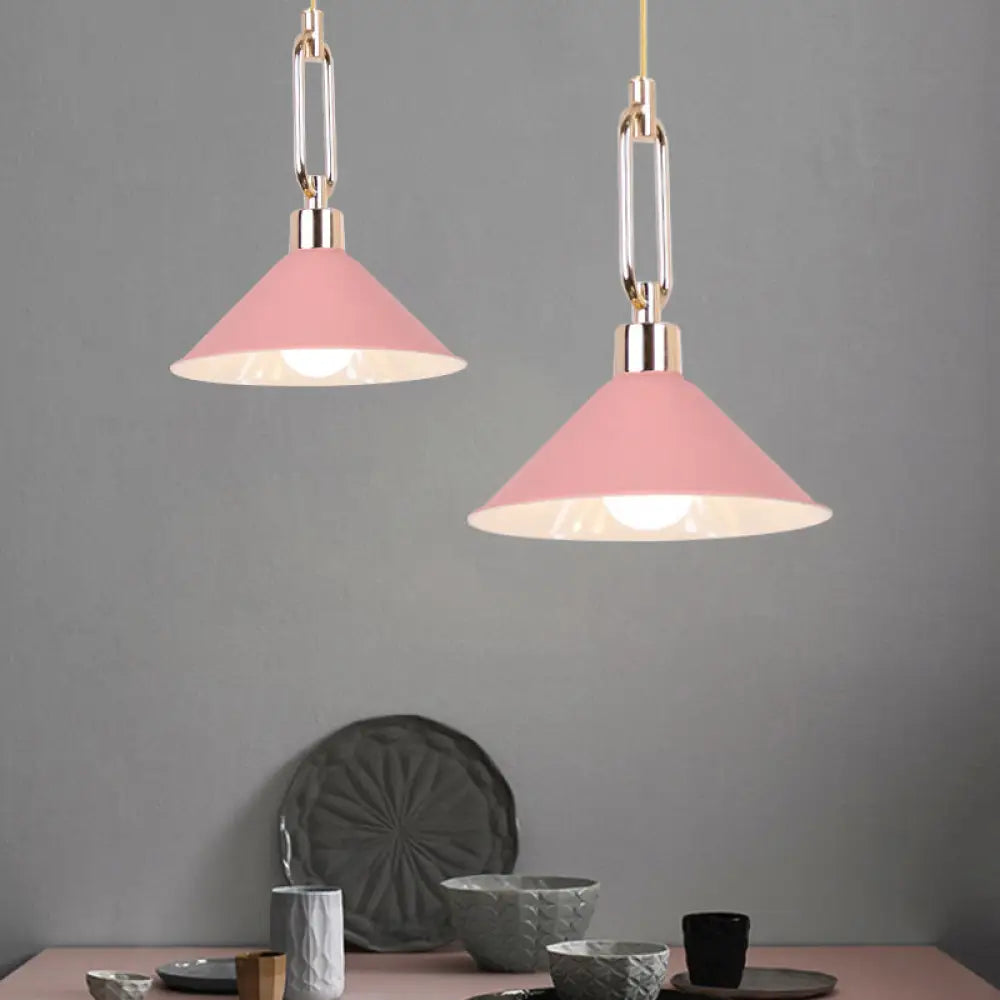 Metal Macaron Pyramid Pendant Lamp: Single Light Candy Colored Suspension For Hotels Pink